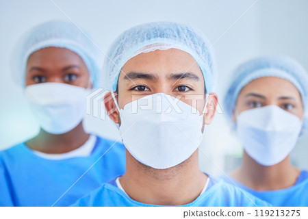 Surgeon group, face mask and people in hospital, healthcare and wellness expert in clinic. Portrait, doctor and medical professional team, nurse worker and confident surgery employee in ppe scrubs 119213275