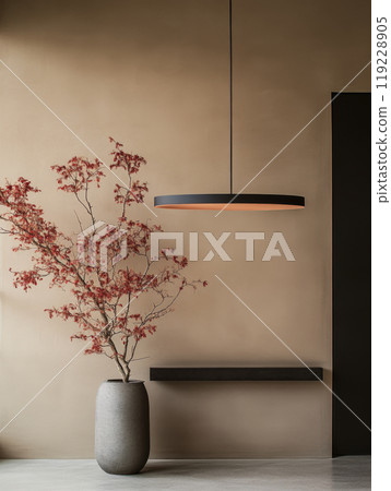 Modern interior with a unique hanging lamp and a minimalist vase displaying dried branches 119228905