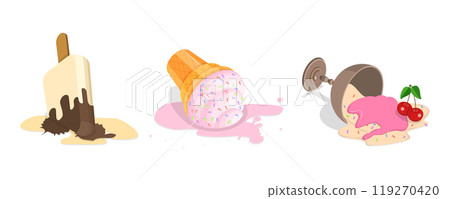 3D Isometric Flat  Illustration of Set of Fallen Ice Creams, Milk Dessert Lying on Floor 119270420