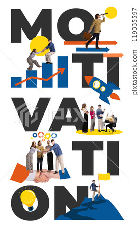 Teams working together to reach success. Leadership, innovative approach and collaboration guide way forward. Contemporary art collage. Vertical layout. 119335597