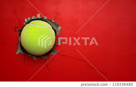 Tennis ball cement wall concept of strength. 119336480