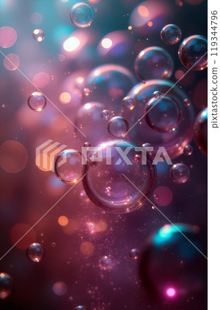 Colorful bubbles floating in a dreamy background filled with light during a vibrant artistic display 119344796