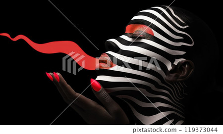 A woman with painted face and body in a zebra print dress, AI 119373044