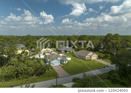 Aerial landscape view of suburban private houses between green palm trees in Florida quiet rural area 120424093