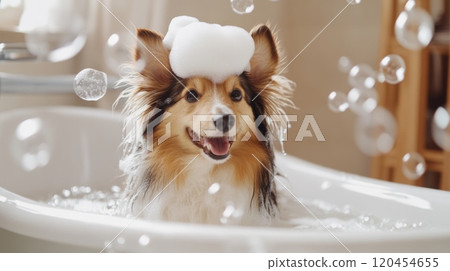 Cute Dog in Bathtub with Bubbles and Soap on Head, Smiling in Funny Style, High-Definition Photography 120454655