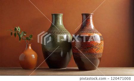 Handmade pottery vases on a wooden table by an orange wall 120471008