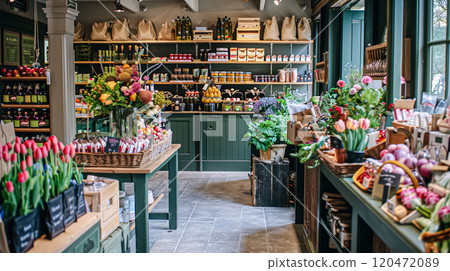 Details and products on shelves in the English counryside farm shop, small business, country style design 120472089