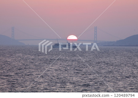 The Akashi Kaikyo Bridge and the cruise ship "Concerto" sailing under the setting sun / Awaji Island, with a view of Sumaura Park 120489794