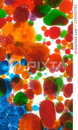 Macro Shot of Moving Color Oil Bubbles Isolated on White Background 120493763