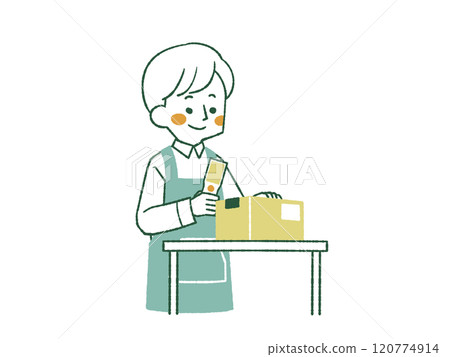 A man wearing an apron working with a handheld terminal - 4 colors 120774914