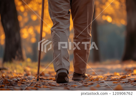 Elderly person with cane walk in a park 120906762