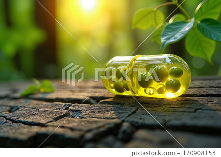 Green sphere capsules on wood. 120908153