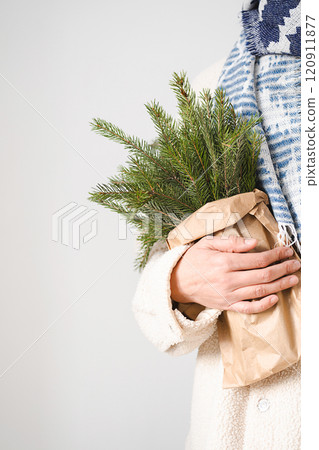 Person holding bundle of fir branches in paper bag. 120911877