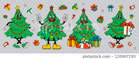 Groovy Christmas tree cartoon stickers, vintage funny fur tree characters with happy faces. Ideal for Christmas and New Year sticker designs and decorations, vector illustration 120987293