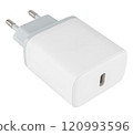 Power supply for tablet phone, adapter white color, on white background in insulation 120993596