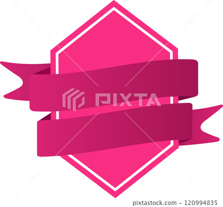 Pink ribbon banner wrapping around a pink hexagon with white border creating a perfect design for labels, logos, badges, stickers, or emblems 120994835