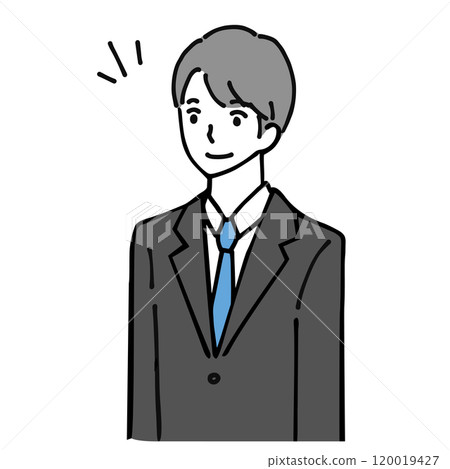 Line drawing illustration of a smiling young male businessman in a suit 120019427