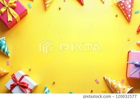 Colorful presents and party hats on a yellow background. 120032577