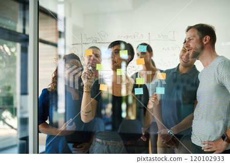 Planning is the first step. Cropped shot of a group of young designers planning on a glass board. 120102933