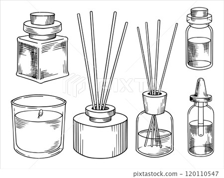 a set of jars with aromatic oil and diffusers with sticks. vector illustration in sketch style. 120110547