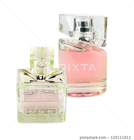 Perfume bottles with blank label, isolated on white. Free space for text. 120111812