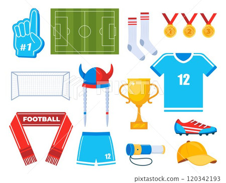 Football game and fan attributes. Soccer cheer accessories. Football match, competition, championship. Set of elements for soccer, football sport event. Vector illustration. 120342193