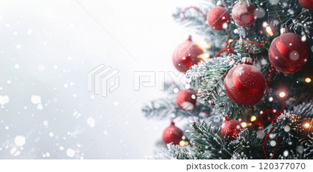 Christmas with a beautifully decorated tree adorned with red baubles and twinkling lights. Snow gently falls in the background, creating a festive and cozy atmosphere in stunning 120377070