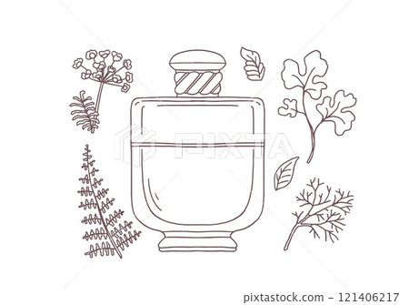 Vector illustration of a set of outline silhouette of a perfume bottle with ingredients. 121406217