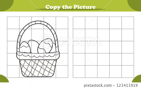 Copy the picture activity game for kids featuring Easter basket with eggs 121411919