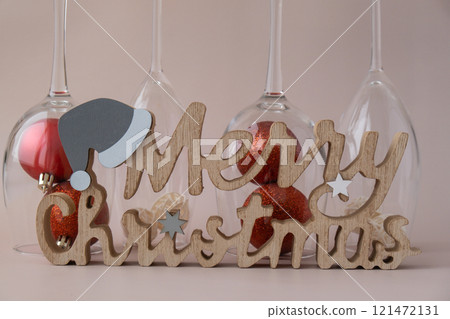 Merry Christmas wooden message with Christmas winter holiday decoration Traditional Festive decor. Greeting card postcard 121472131