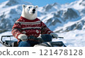 Festive Christmas Bear Riding Snowmobile Through Snowy Peaks 121478128