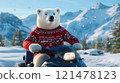 Polar Bear in a Sweater on Snowmobile Adventure 121478123