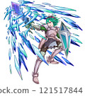 Male hero in action pose brandishing a sword, green hair, with ice effect 121517844