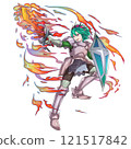 Male hero in action pose brandishing a sword, green hair, with flame effect 121517842