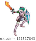 Male hero in action pose brandishing a sword, green hair 121517843