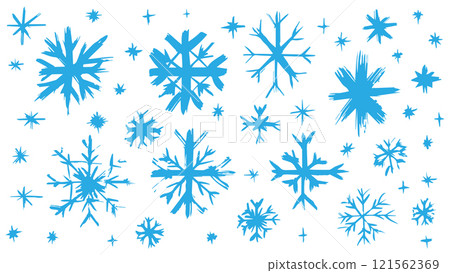 Background with hand drawn blue snowflakes, set of snowflakes of different shapes and sizes, New Year concept, winter snowflakes made with wide brush, Christmas hand drawn white snow print for print 121562369