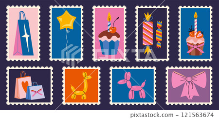 Set of cute hand-drawn post stamps with bright celebration elements like cupcake, gifts, balloons, candies and bow. Festive party decor. Trendy modern vector illustartions, flat design 121563674