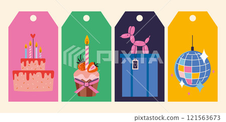 Festive Birthday party gift tags and cards. Cute bright celebration elements like cupcake, cake with candles and Mirror Disco Ball. Trendy modern vector illustration, flat design 121563673