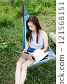 young woman with long hair and shorts sits in a hammock in the summer and works online on a laptop on the street. 121568151