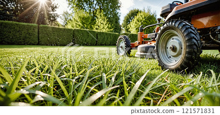 Close-up of a lawn mower for cutting and maintaining domestic or commercial lawns and meadows 121571831