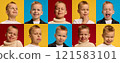 Banner. Collage. Portraits of boy's expressions, from laughter to curiosity, captured in vibrant colors, showcasing different emotions against red, blue, and yellow backgrounds. 121583101