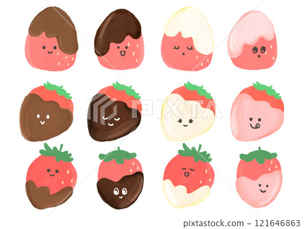 Set of illustrations of lots of chocolate-covered strawberries (with faces) 121646863