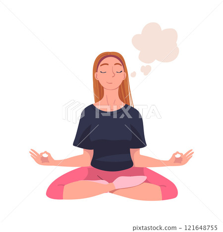 Woman Character Daydreaming Imagining and Fantasizing Having Spontaneous Thought in Bubble Sitting in Yoga Pose Vector Illustration 121648755