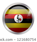 Uganda flag - glossy circle button displays a colorful flag representing a country cultural identity and heritage. The essence of national pride and unity. 121680754