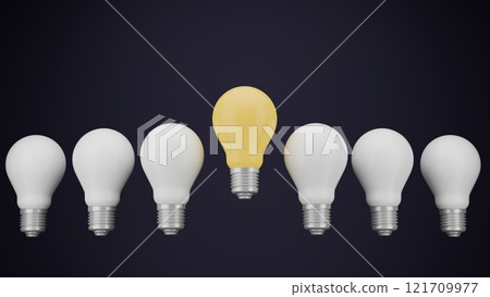 Row of light bulbs, one stands out, symbolizing an idea concept. Outstanding among others, it represents innovation and individuality, aligning with the career concept of standing apart. 121709977