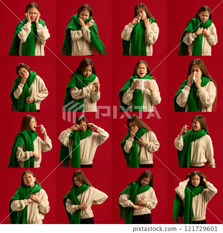 Teen girl in beige sweater and green scarf displaying flu-like symptoms, including coughing, sneezing, and chest and head pains on red background. 121729601