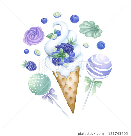 Ice cream in waffle cone with blueberry, blackberry and mint. Marshmallows and cake pops. Hand drawn watercolor isolated illustration delicious desserts in purple and green colors for food design. 121745403