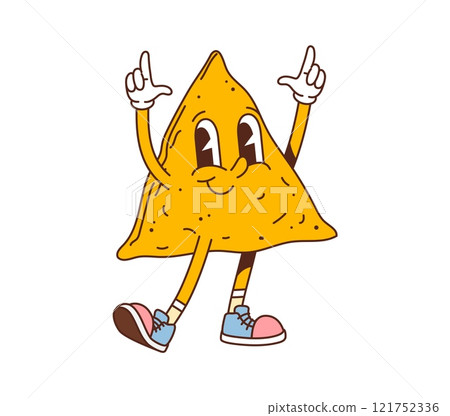 Cartoon groovy fast food nachos chip character. Mexican fast food salty snack happy smiling isolated cartoon personage. Tex Mex cuisine cafe triangular nacho corn chip 60s 70s groovy vector character 121752336