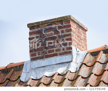 Red brick chimney designed on roof of house or building outside against a sky background. Construction frame of escape chute built on rooftop for smoke and heat ventilation from a fireplace or oven 121759149