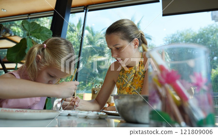 A young mother and her daughter enjoy a creative art session at home  121809006